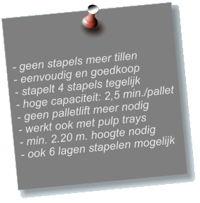 - geen stapels meer tillen - eenvoudig en goedkoop- stapelt 4 stapels tegelijk- hoge capaciteit: 2,5 min./pallet- geen palletlift meer nodig- werkt ook met pulp trays- min. 2.20 m. hoogte nodig - ook 6 lagen stapelen mogelijk